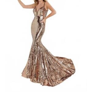 NEW HOUSE OF WU sequin v-neck mermaid dress in liquid rose gold